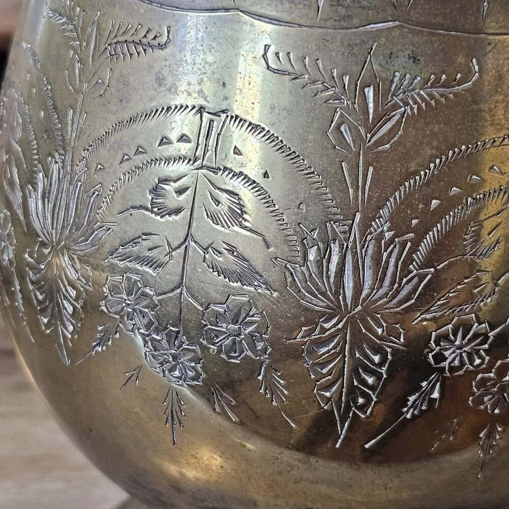 Vintage Etched Silver Plated Deco Bowl Vase With Handle Floral Design Art Nouvea